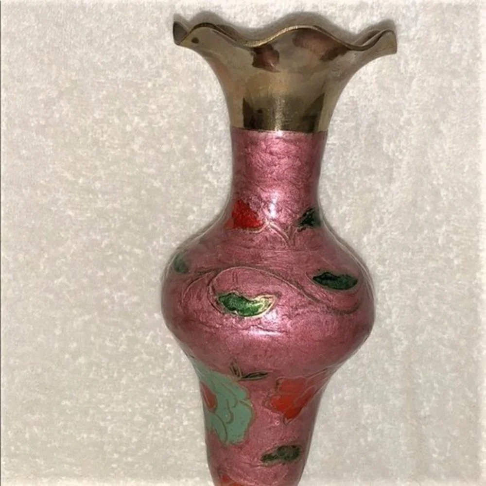 Bronze Pink Green Red Painted Flower Design Vase 11.50’ High